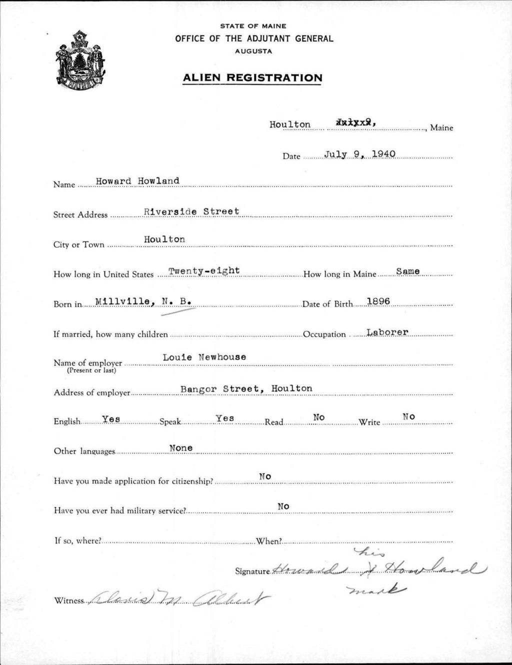 Miniature of Alien Registration- Howland, Howard (Houlton, Aroostook County)