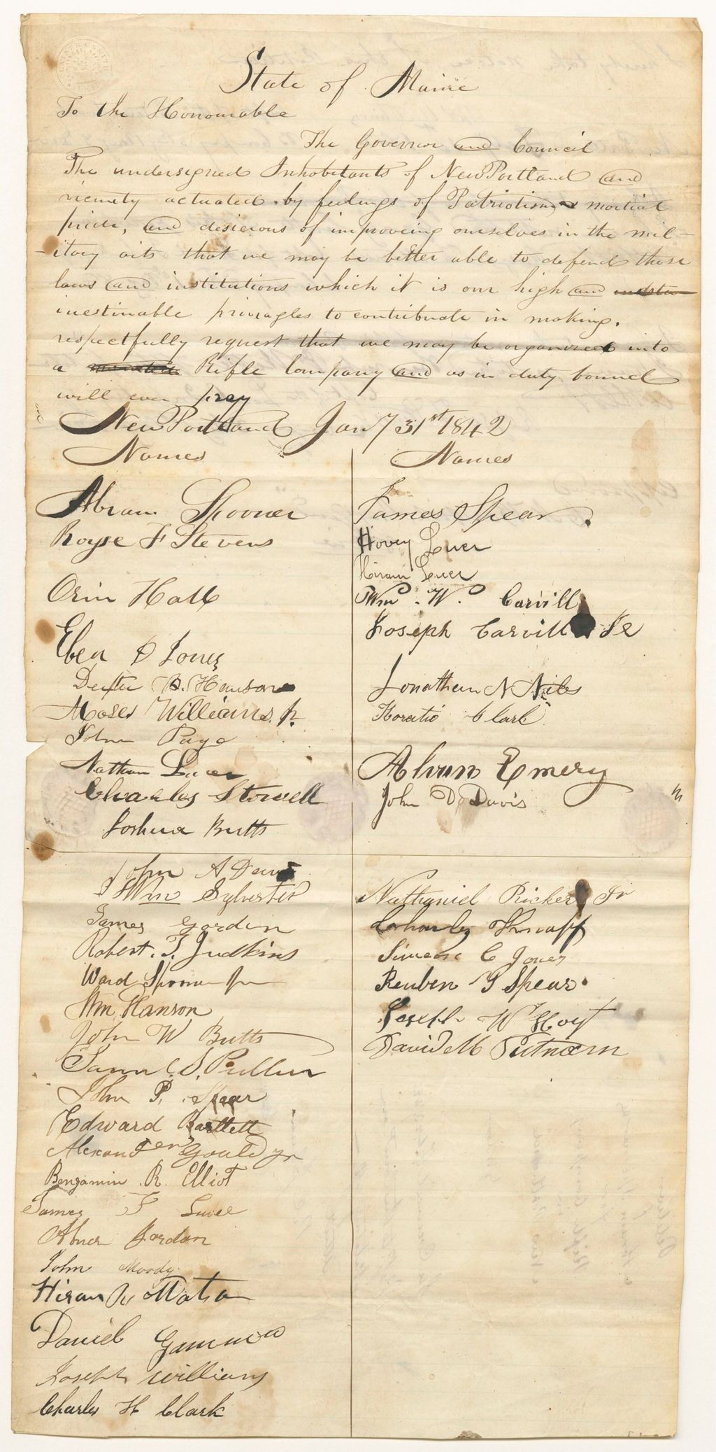 Miniature of Petition of Abram Spooner and others for a Rifle Company in New Portland