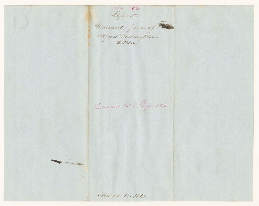 Miniature of Report 150: Report - Warrant in Favor of Alfred Redington
