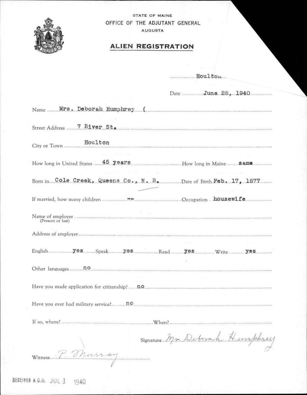 Miniature of Alien Registration- Humphrey, Deborah (Houlton, Aroostook County)