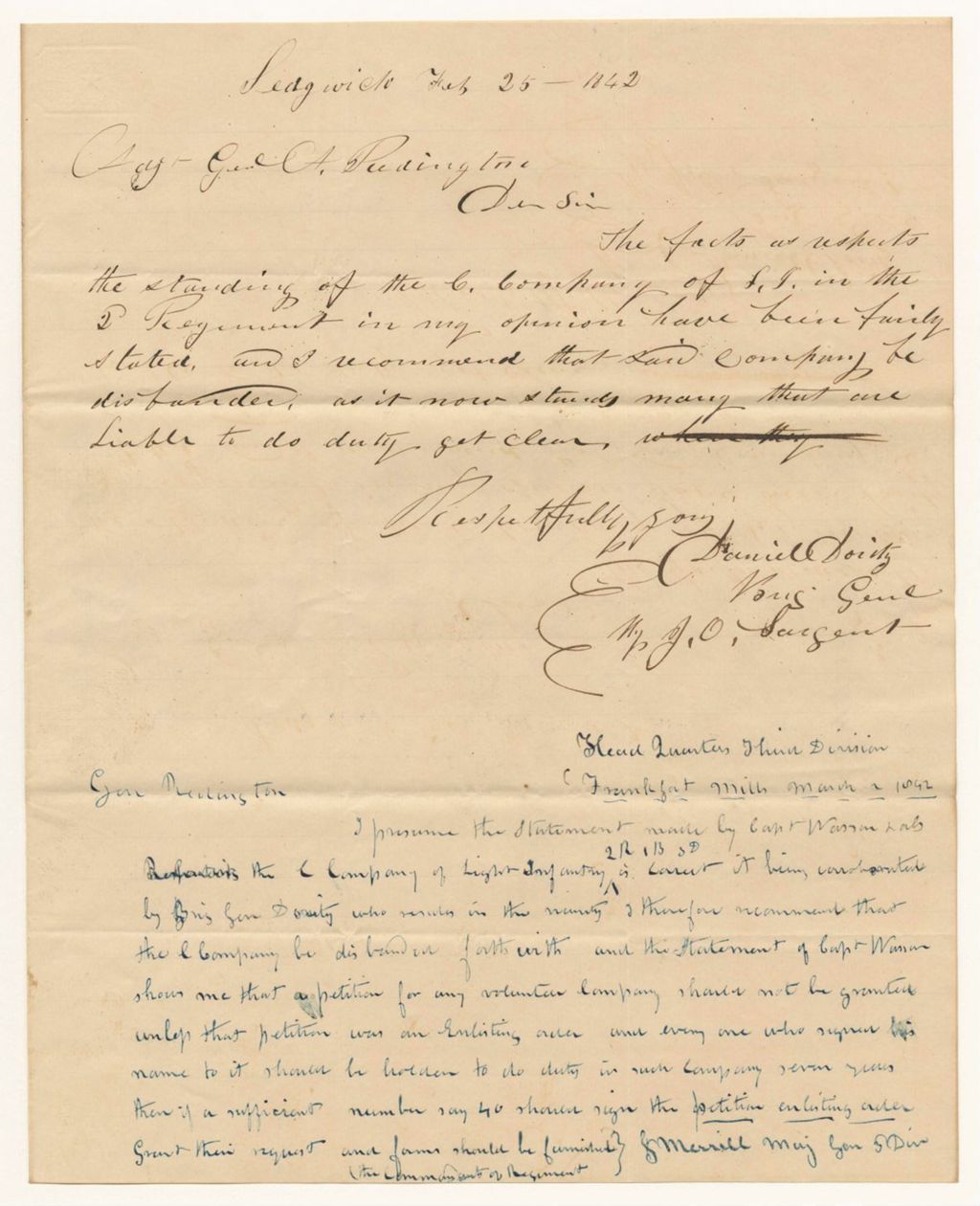 Miniature of Brig. Gen. Daniel Dority's recommendation that the C Company of Infantry in the 2nd Regiment, 1st Brigade, 3rd Regiment be disbanded