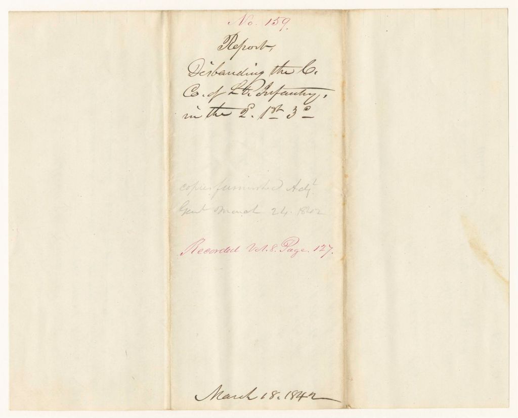 Miniature of Report 159: Report - Disbanding the "C" Company of Light Infantry in the 2nd Regiment, 1st Brigade, 3rd Division