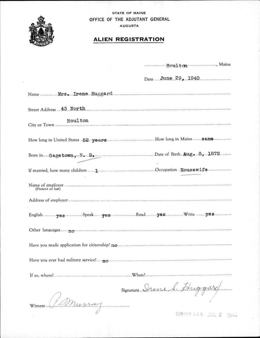 Miniature of Alien Registration- Huggard, Irene (Houlton, Aroostook County)