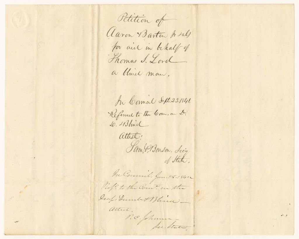 Miniature of Petition of Aaron Barton Jr. and others for aid in behalf of Thomas S. Lord, a blind man