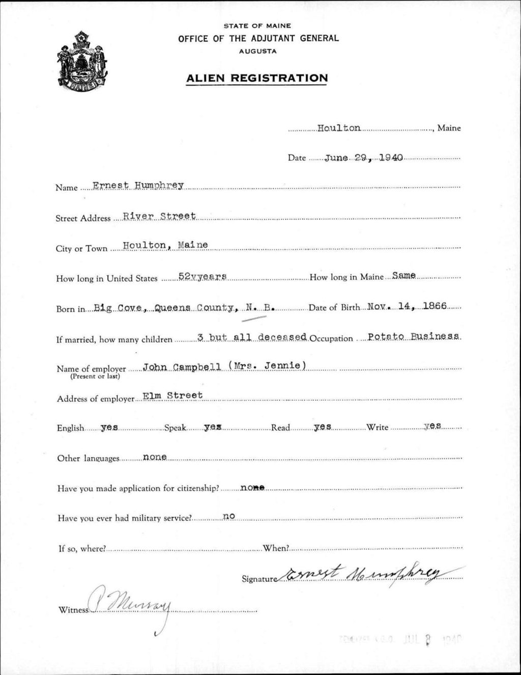 Miniature of Alien Registration- Humphrey, Ernest (Houlton, Aroostook County)