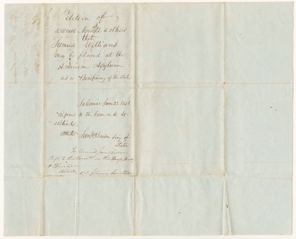 Miniature of Petition of Daniel Merrill & others that Samuel Williams may be placed at the American Asylum as a Beneficiary of the State