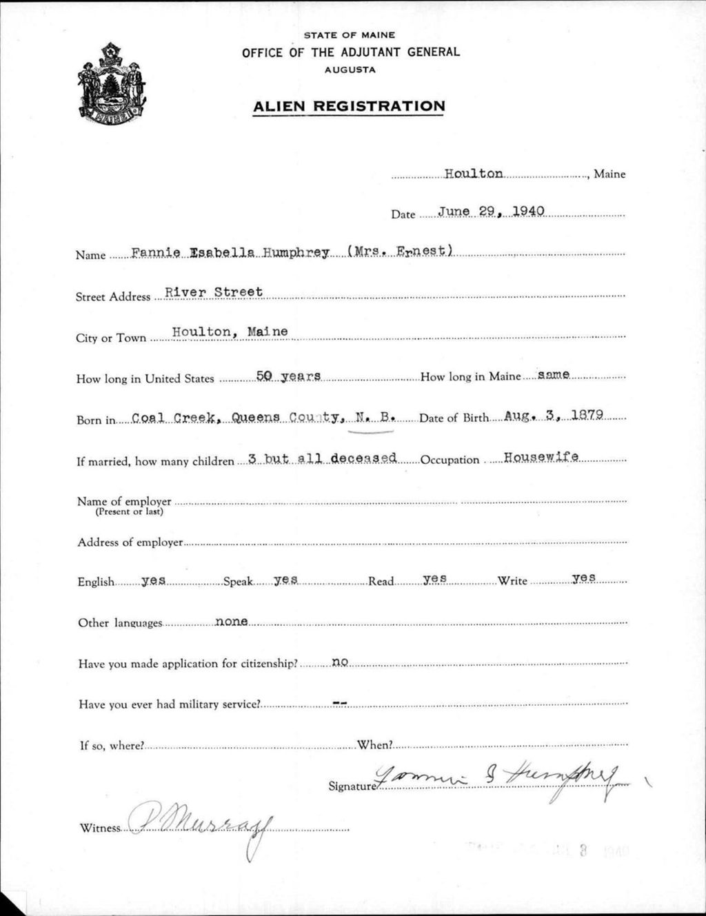 Miniature of Alien Registration- Humphrey, Fannie I. (Houlton, Aroostook County)