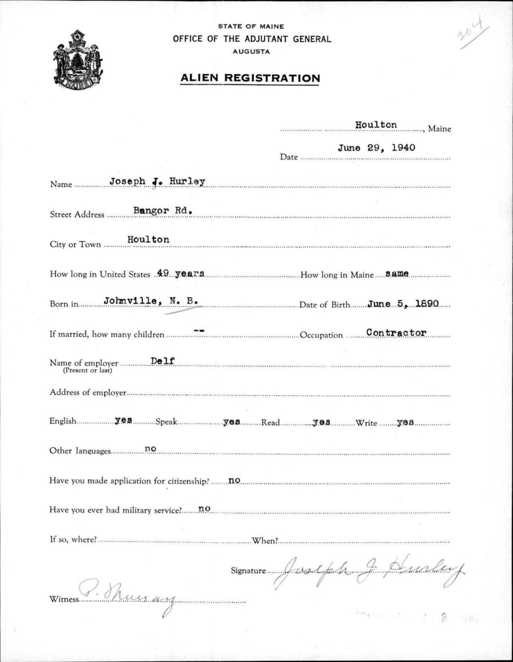 Miniature of Alien Registration- Hurley, Joseph J. (Houlton, Aroostook County)