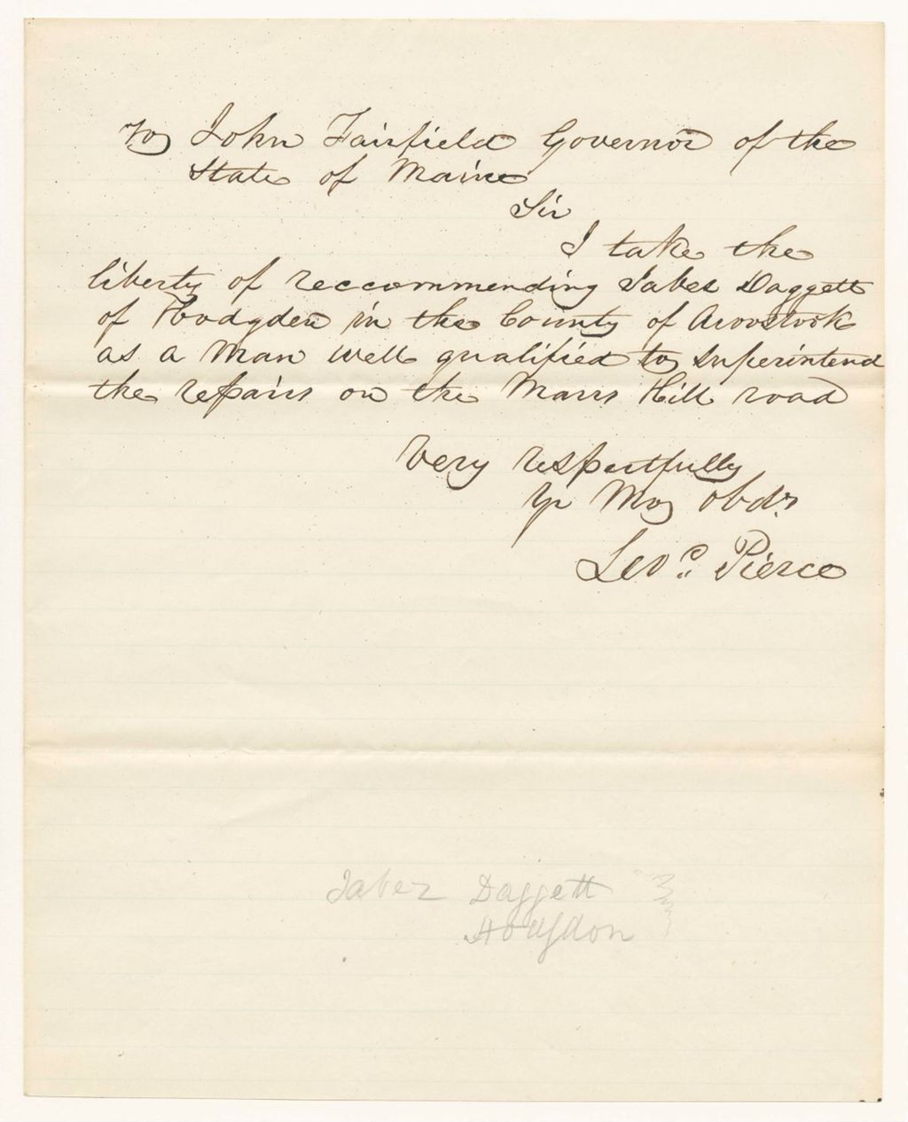 Miniature of Leonard Pierce's recommendation of Jabez Dagget to superintend the repairs on the Mars Hill road