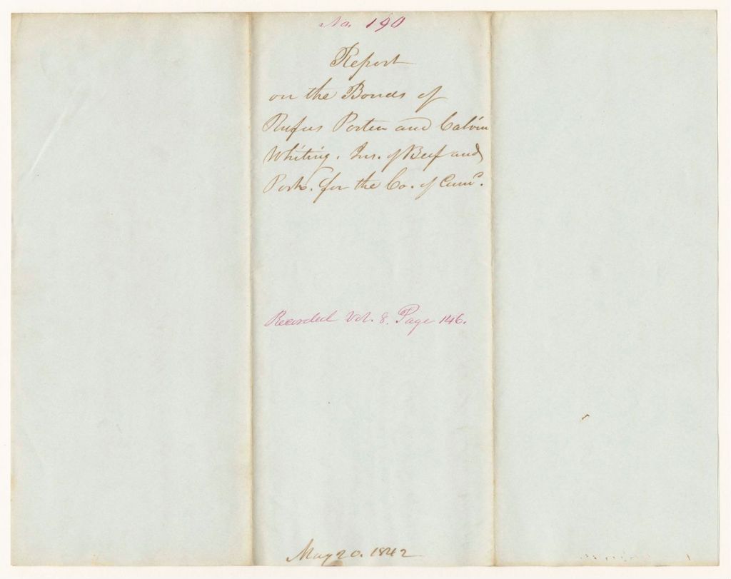 Miniature of Report 190: Report on the Bonds of Rufus Porter and Calvin Whiting, Inspectors of Beef and Pork for the County of Cumberland