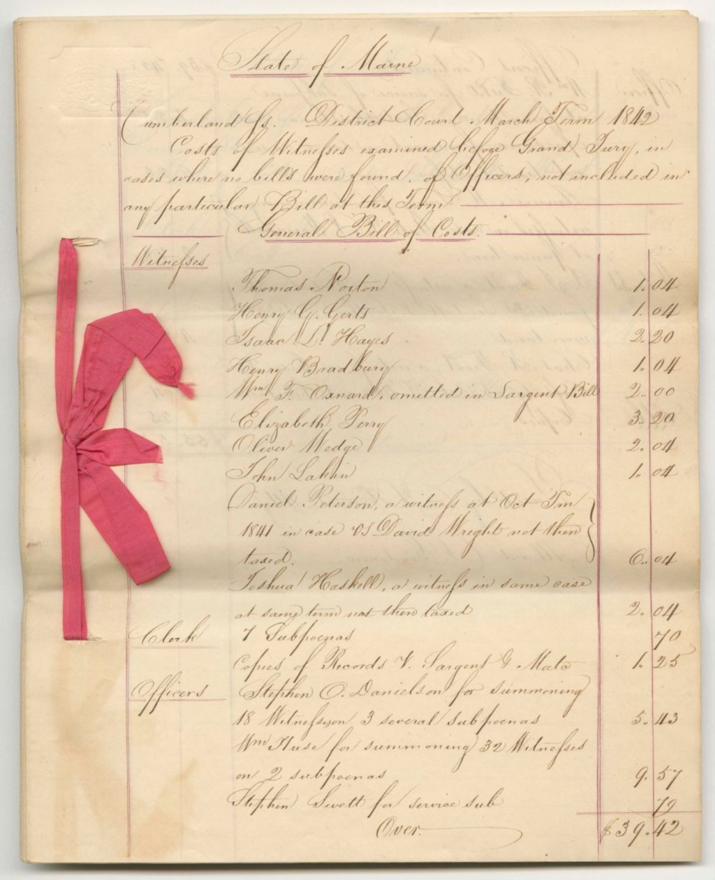 Miniature of Bills of Cost at the District Court in Cumberland County, March Term 1842