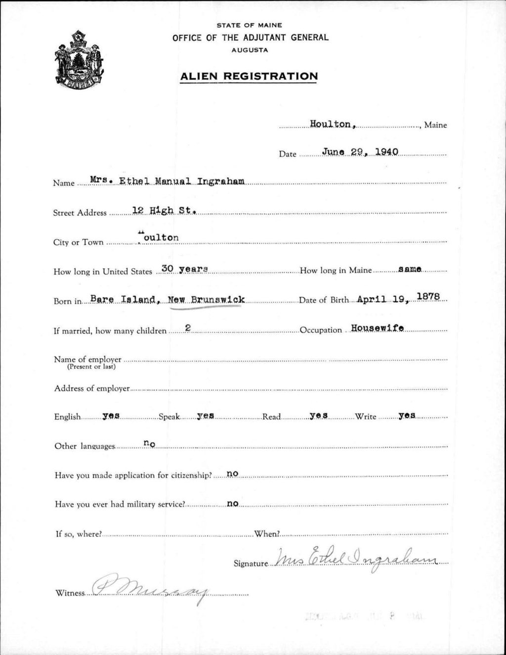Miniature of Alien Registration- Manual, Ethel (Houlton, Aroostook County)