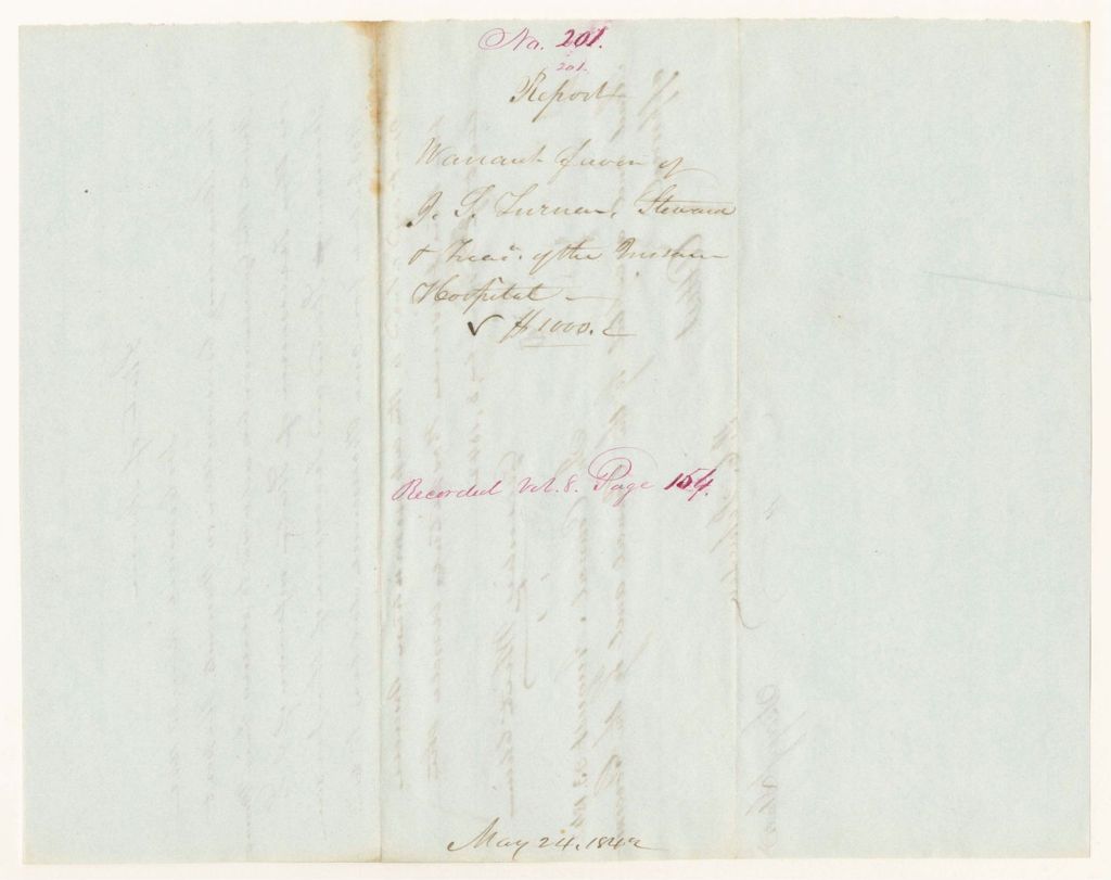 Miniature of Report 201: Report - Warrant in Favor of J.S. Turner, Steward and Treasurer of the Insane Hospital
