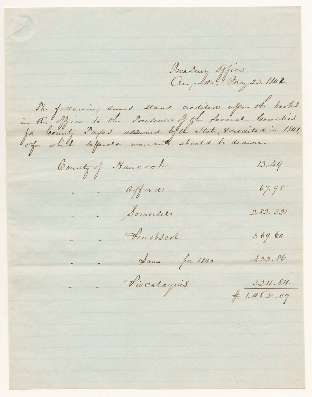 Miniature of Sums credited upon the books of the State Treasury to the Treasurers of the Several Counties for County Taxes in 1841