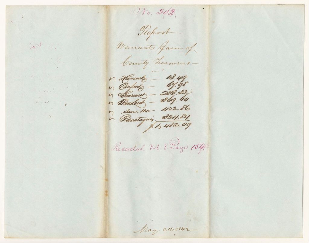 Miniature of Report 202: Report - Warrant in Favor of the County Treasurers - Hancock, Oxford, Somerset, Penobscot, Piscataquis