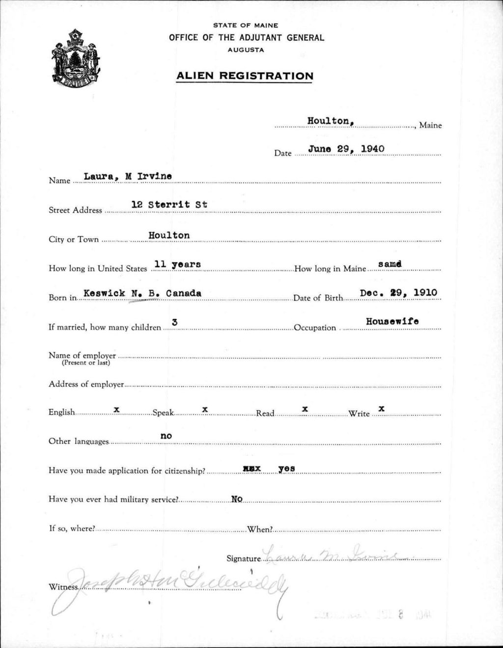Miniature of Alien Registration- Irvine, Laura M. (Houlton, Aroostook County)