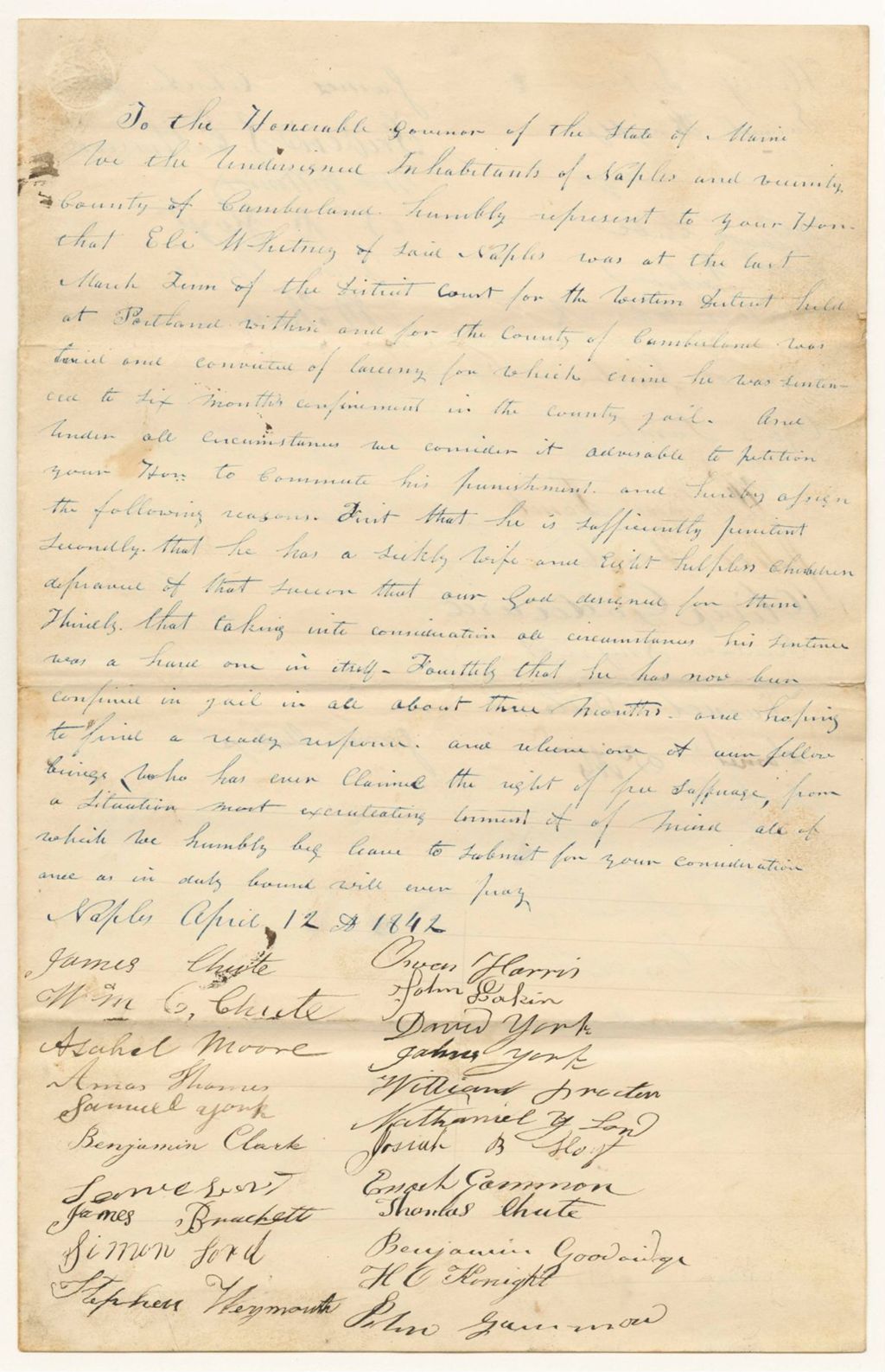 Miniature of Petition of James Chute and others for the pardon of Eli Whitney