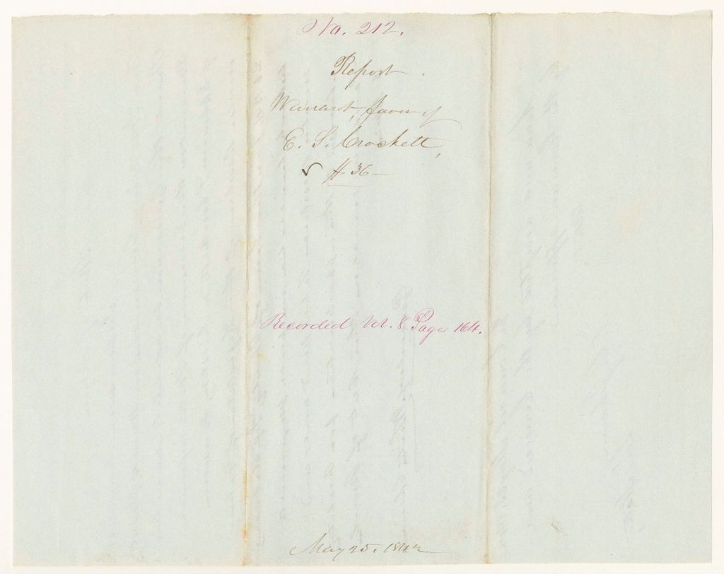 Miniature of Report 212: Report - Warrant in Favor of E.S. Crockett