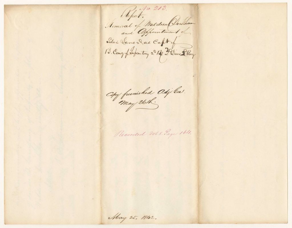 Miniature of Report 213: Report - Removal of Waldron Dockham and Appointment of Silas Lane Jr., as Captain of "B" Company of Infantry, 2nd Regiment, 2nd Brigade, 3rd Division