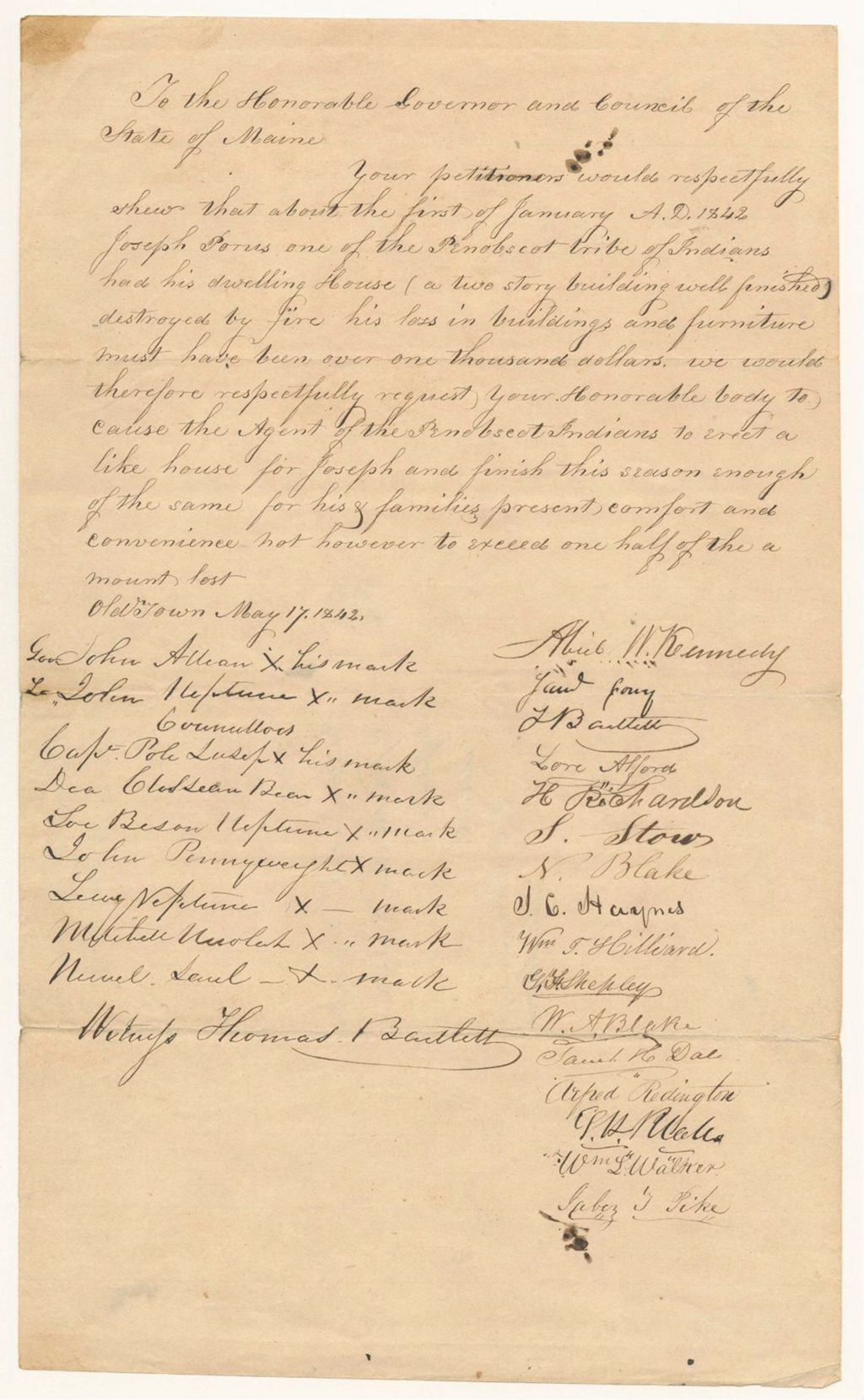 Miniature of Petition of Joseph Povis, one of the Penobscot Tribe, requesting funds to rebuild his house after a fire