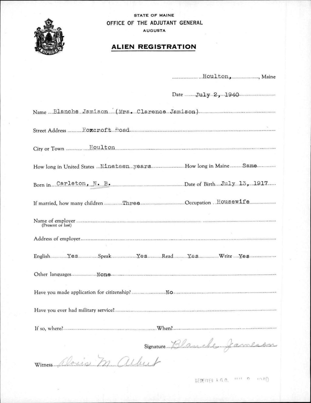 Miniature of Alien Registration- Jamison, Blanche (Houlton, Aroostook County)