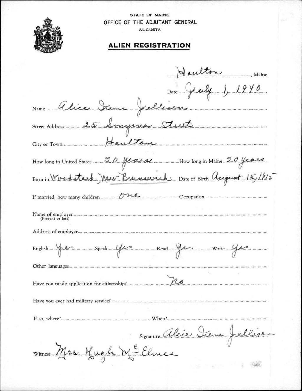Miniature of Alien Registration- Jellison, Alice I. (Houlton, Aroostook County)