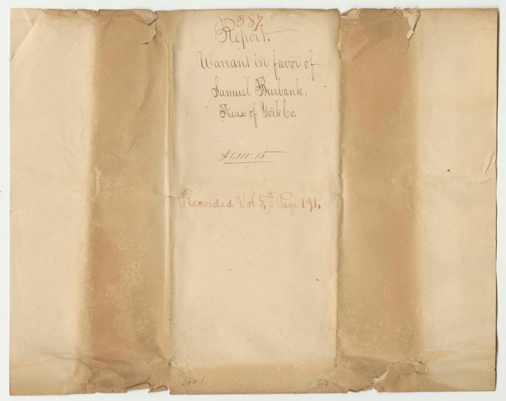 Miniature of Report 387: Warrant in Favor of Samuel Burbank, Treasurer of York County