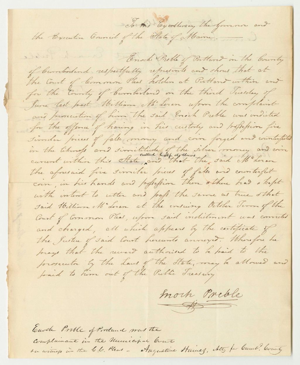 Miniature of Petition of Enoch Preble for Compensation as Informant and Prosecutor Against William McLeran for Having Counterfeit Coin