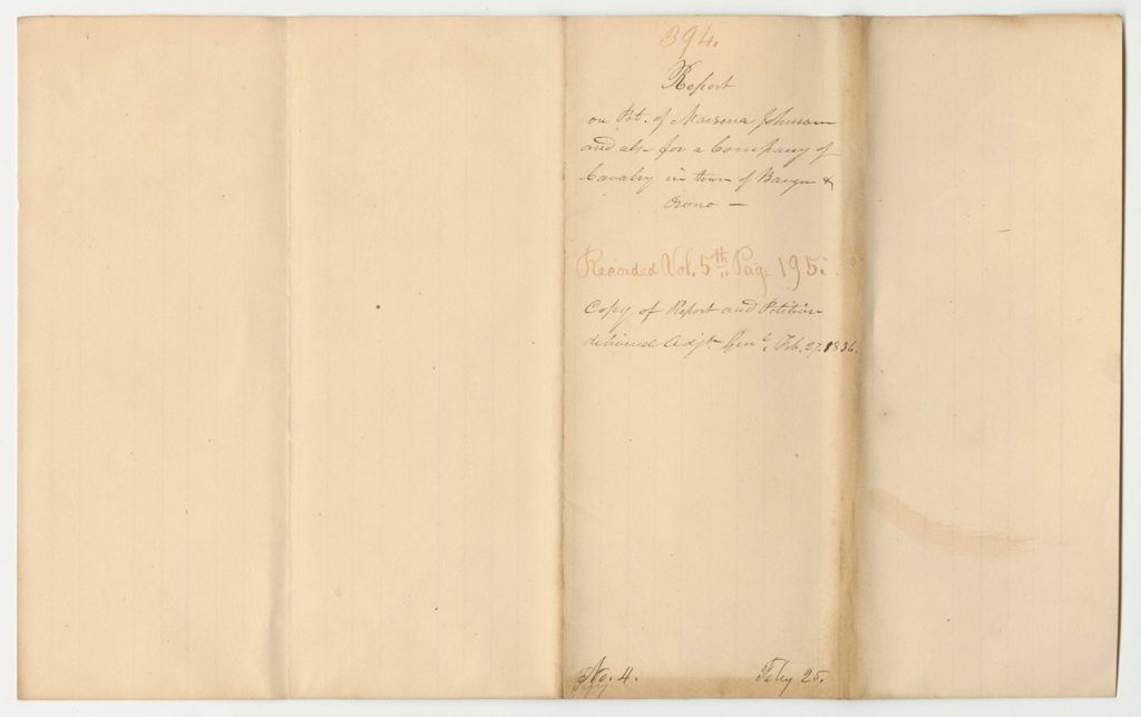 Miniature of Report 394: Report on the Petition of Marsena Johnson and Others for a Company of Cavalry in the Towns of Bangor and Orono