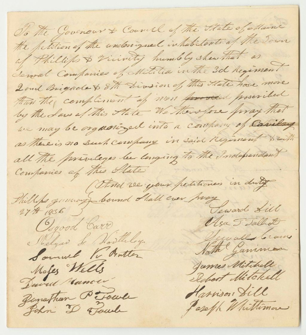 Miniature of Petition of Osgood Carr and Others for a Company of Cavalry in Phillips