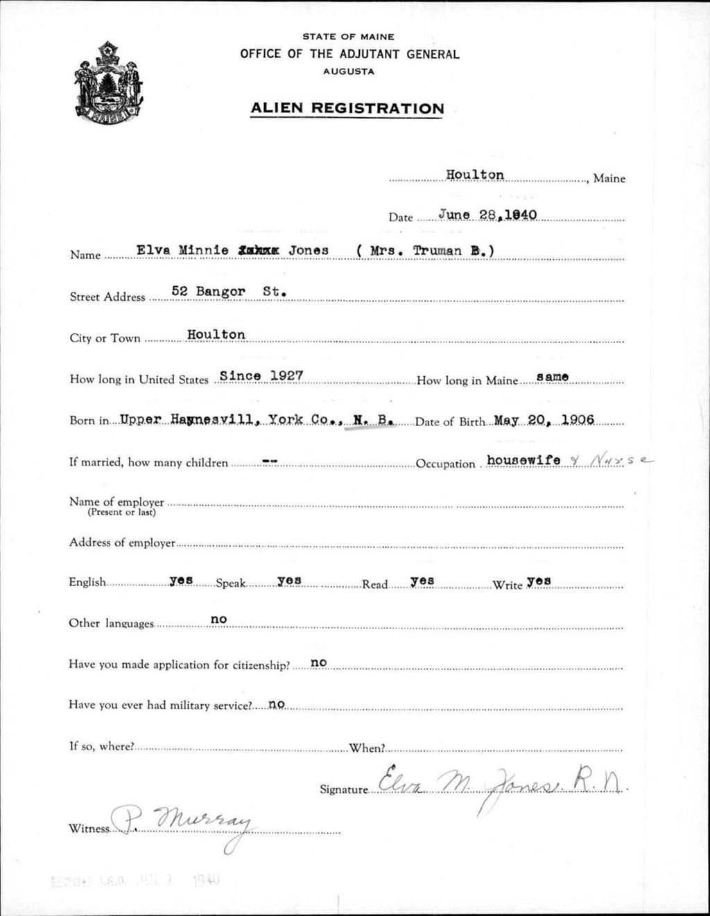 Miniature of Alien Registration- Jones, Elva M. (Houlton, Aroostook County)