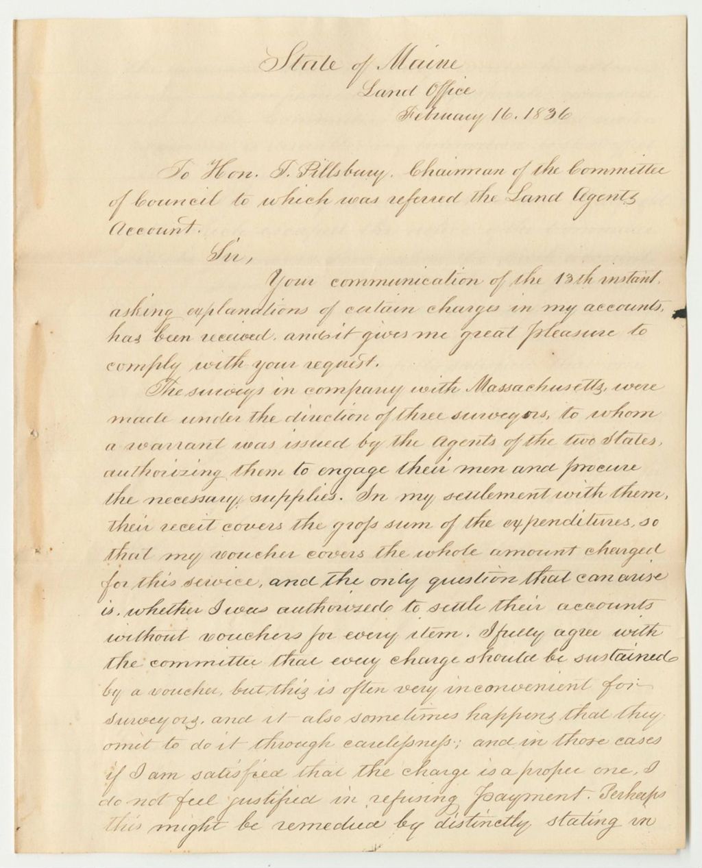 Miniature of Communication from John Hodgdon, Land Agent, Explaining Certain Charges in His Accounts