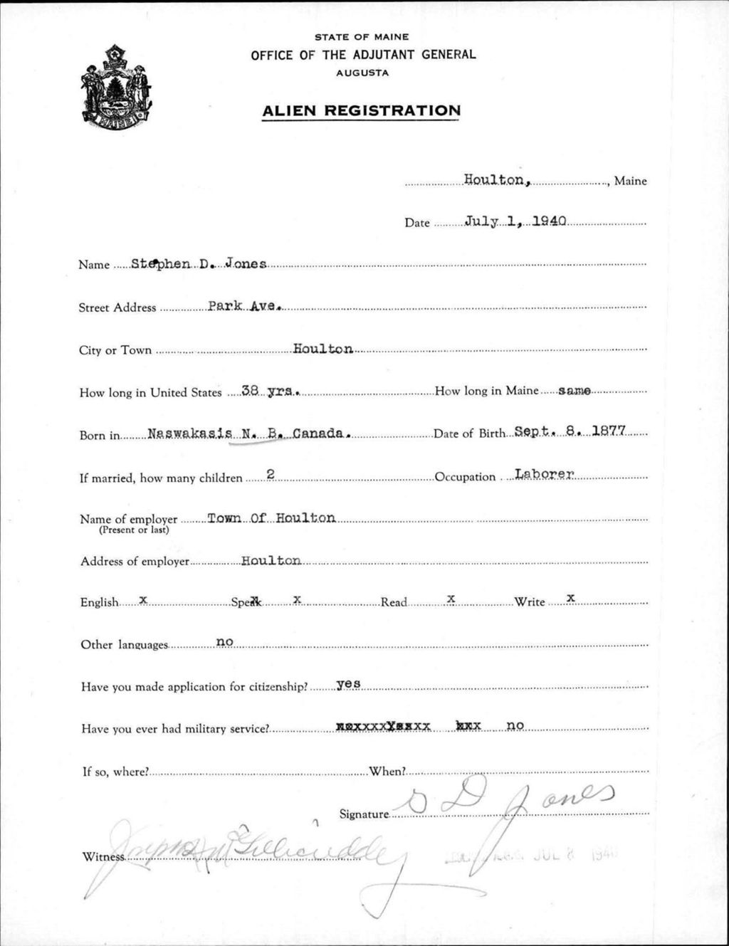 Miniature of Alien Registration- Jones, Stephen D. (Houlton, Aroostook County)