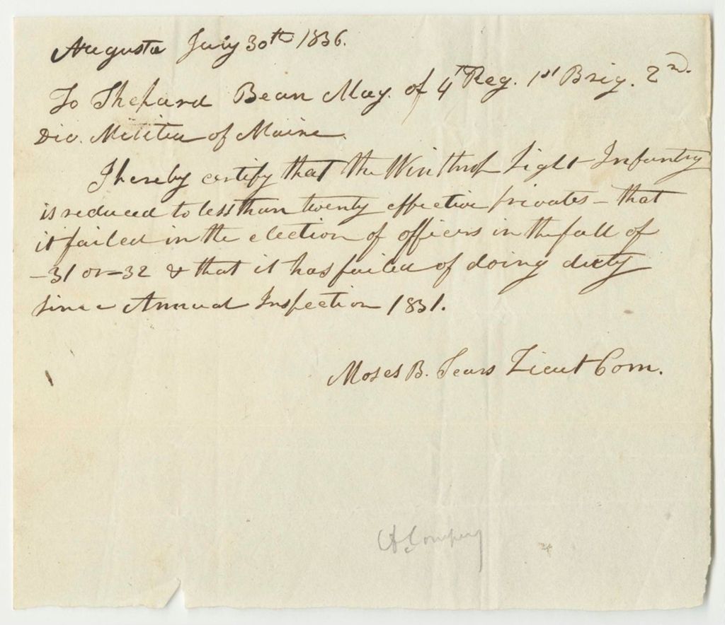 Miniature of Certificate of the Number of Privates in the Winthrop Light Infantry