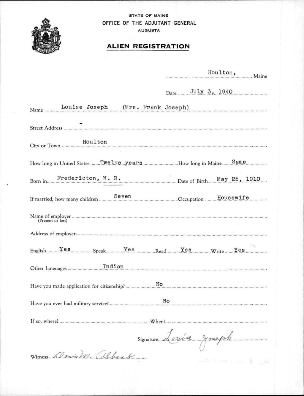 Miniature of Alien Registration- Joseph, Louise (Houlton, Aroostook County)