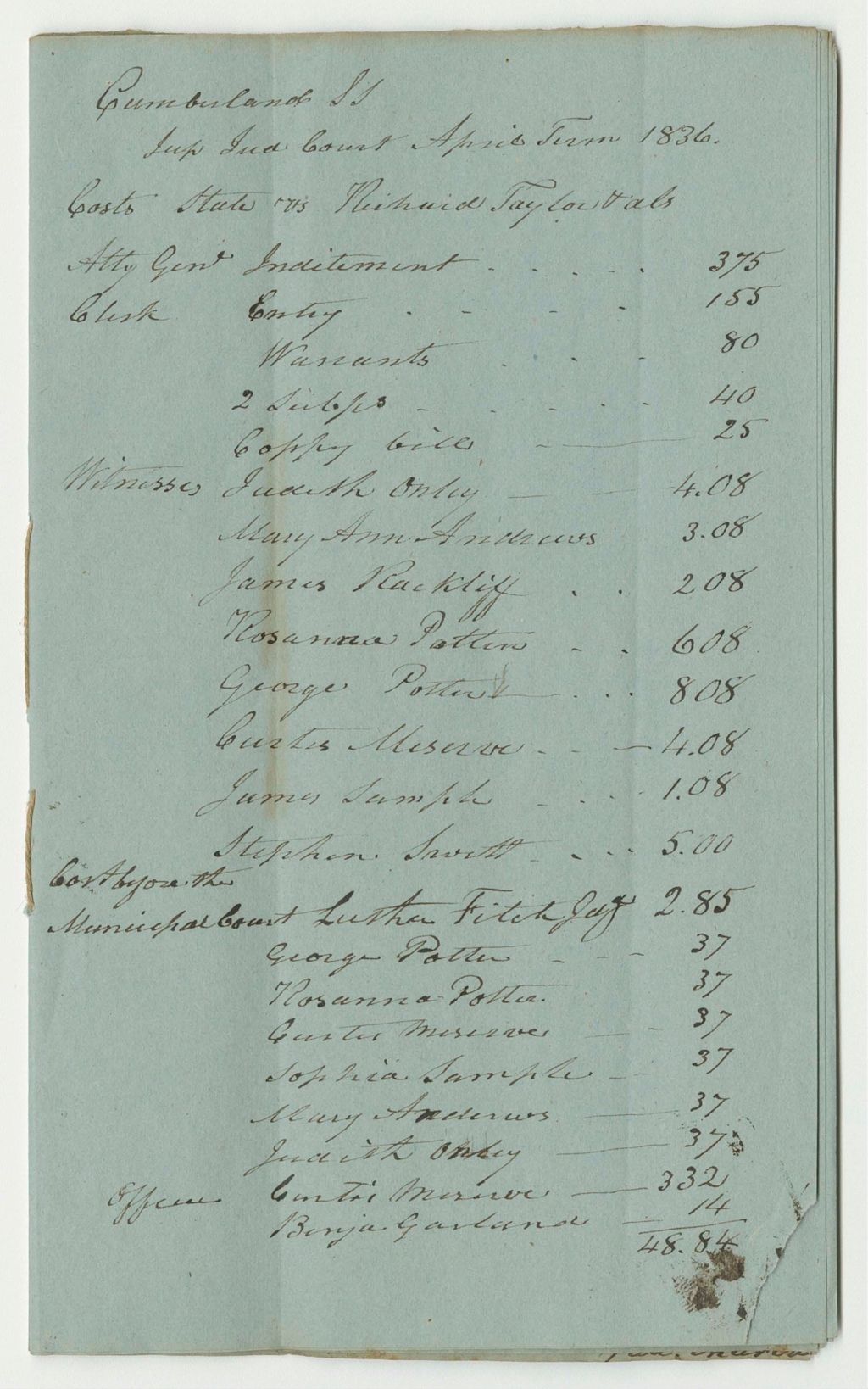 Miniature of Bills of Cost at the Supreme Judicial Court in Cumberland County, April Term 1836