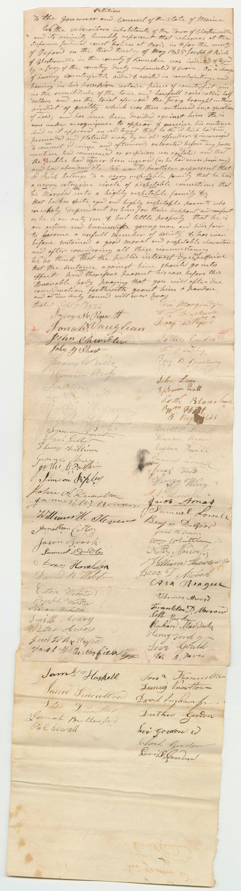 Miniature of Petition of the Inhabitants of the Town of Chesterville for the Pardon of Joseph H. Rich