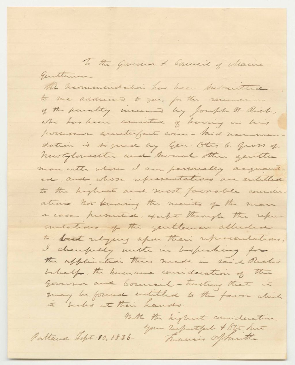 Miniature of Communication from Francis O.J. Smith, in Relation to the Pardon of Joseph H. Rich