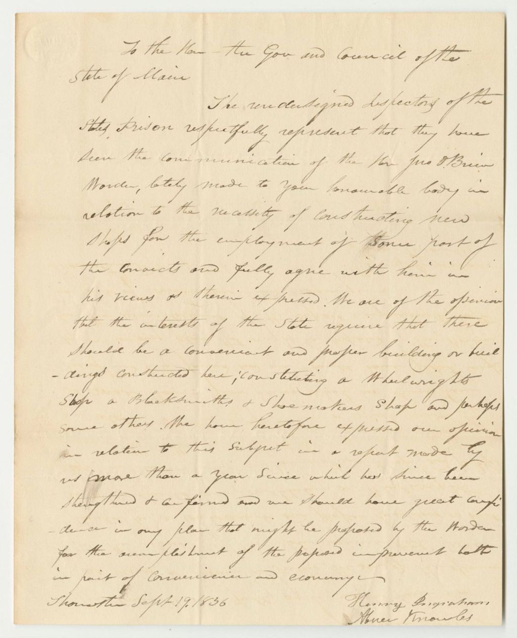Miniature of Communication from the Directors of the State Prison, Relating to the Need for the Construction of a New Shop