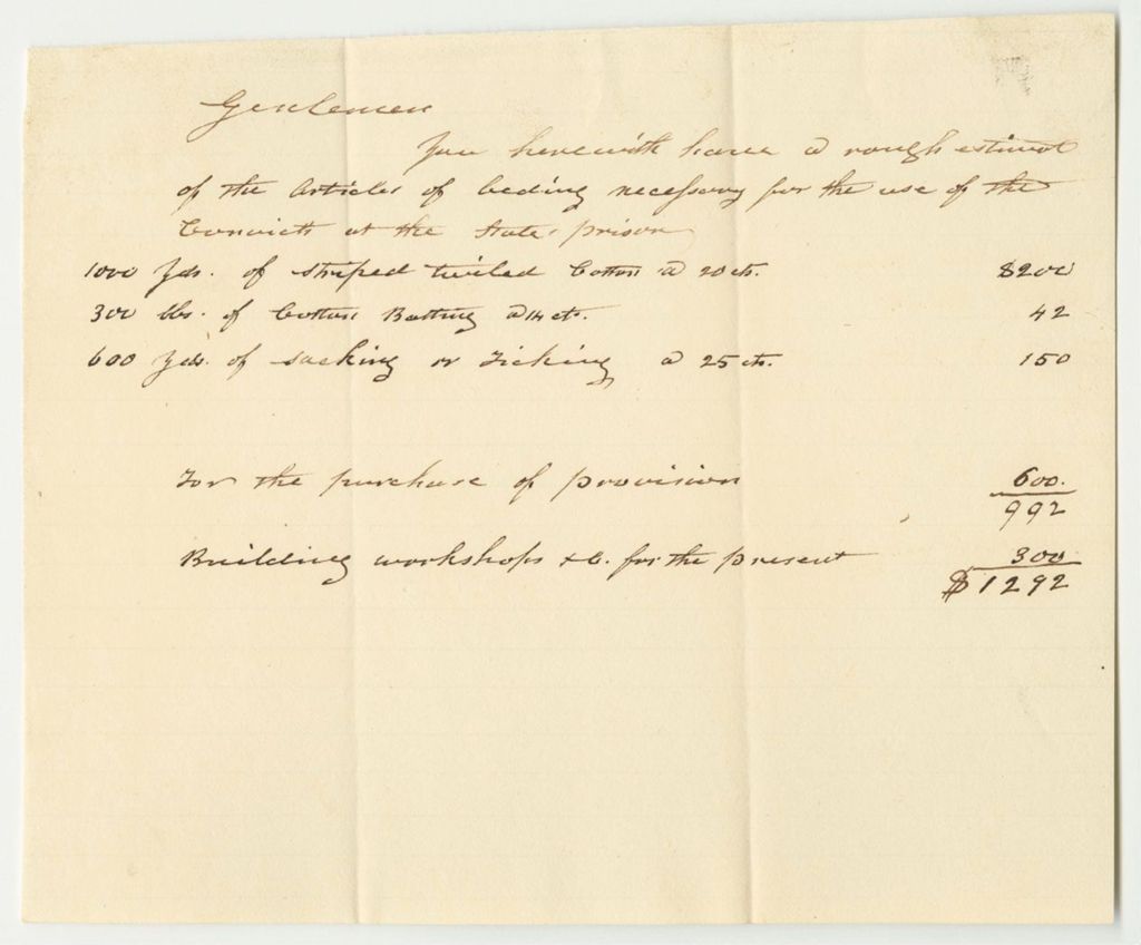 Miniature of Estimate of the Articles of Beding Necessary for the Use of the Convicts at the State Prison