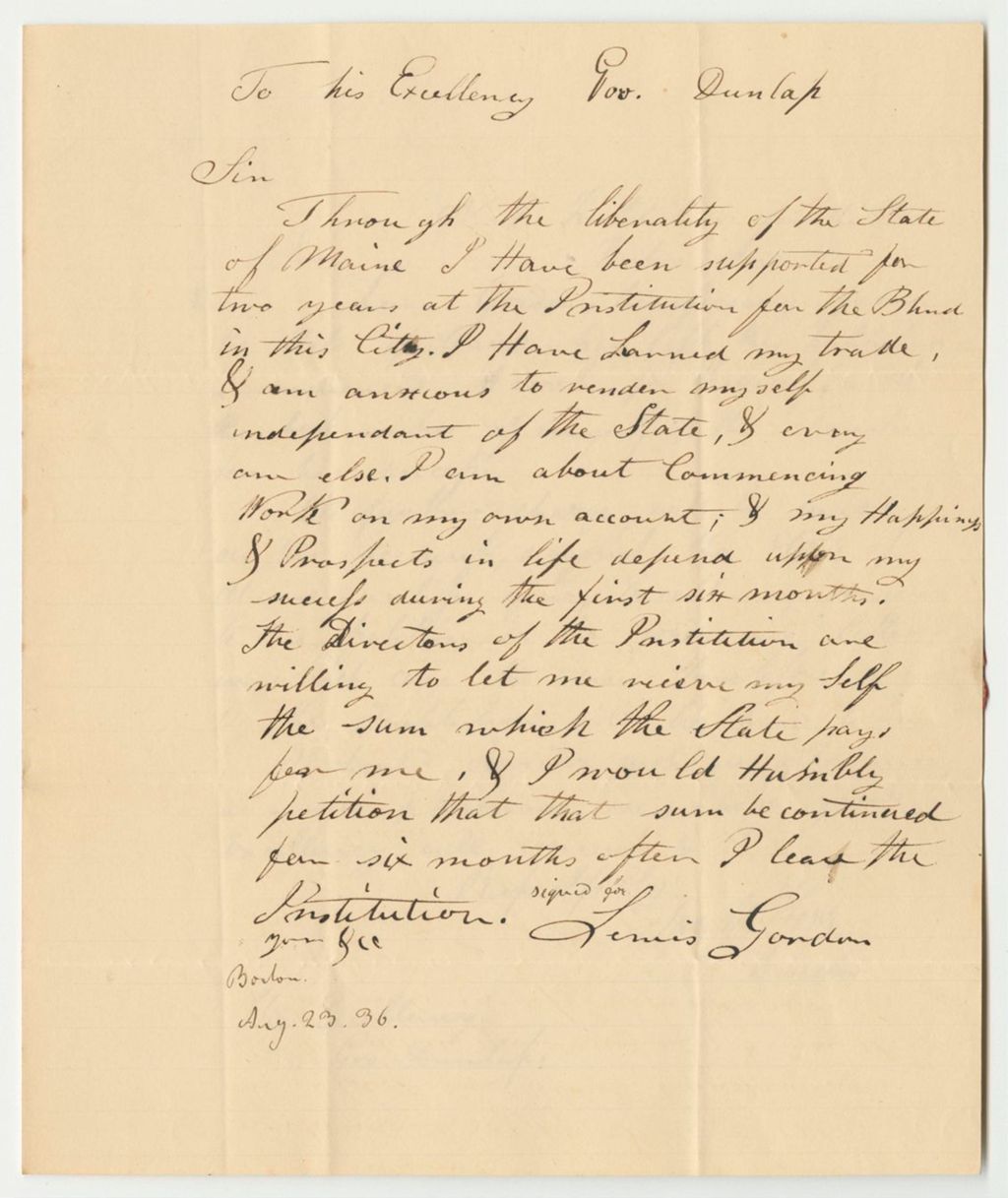 Miniature of Petition of Lewis Gordon, A Blind Person, for Aid