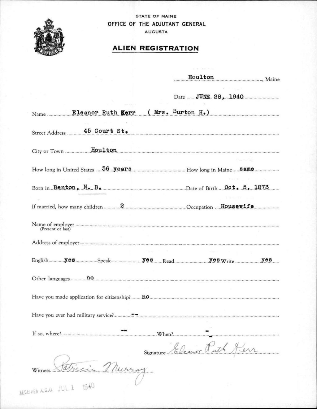 Miniature of Alien Registration- Kerr, Eleanor R. (Houlton, Aroostook County)