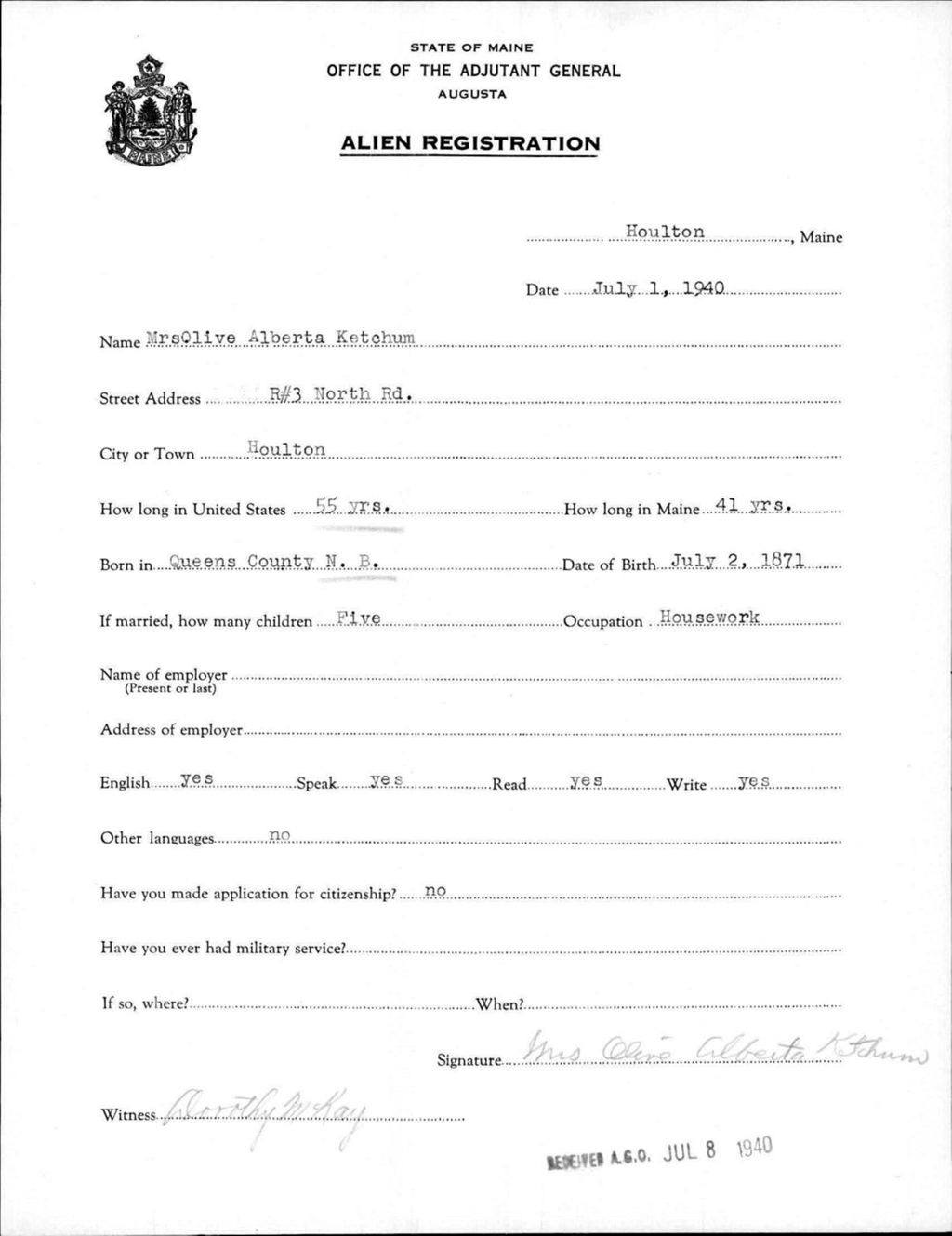 Miniature of Alien Registration- Ketchum, Olive A. (Houlton, Aroostook County)