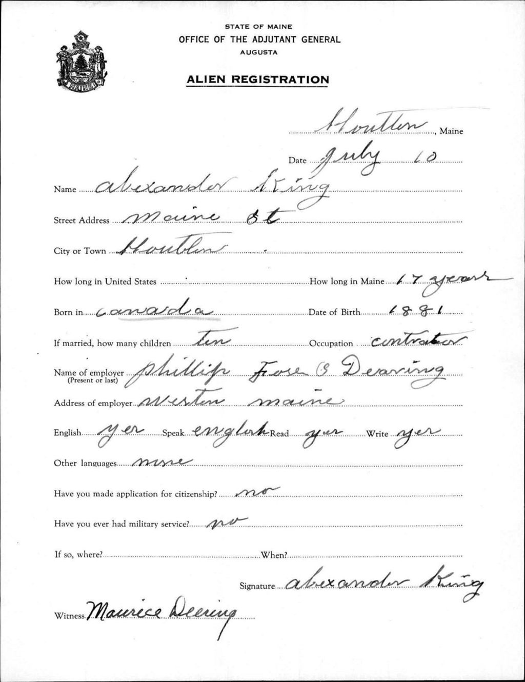 Miniature of Alien Registration- King, Alexander (Houlton, Aroostook County)