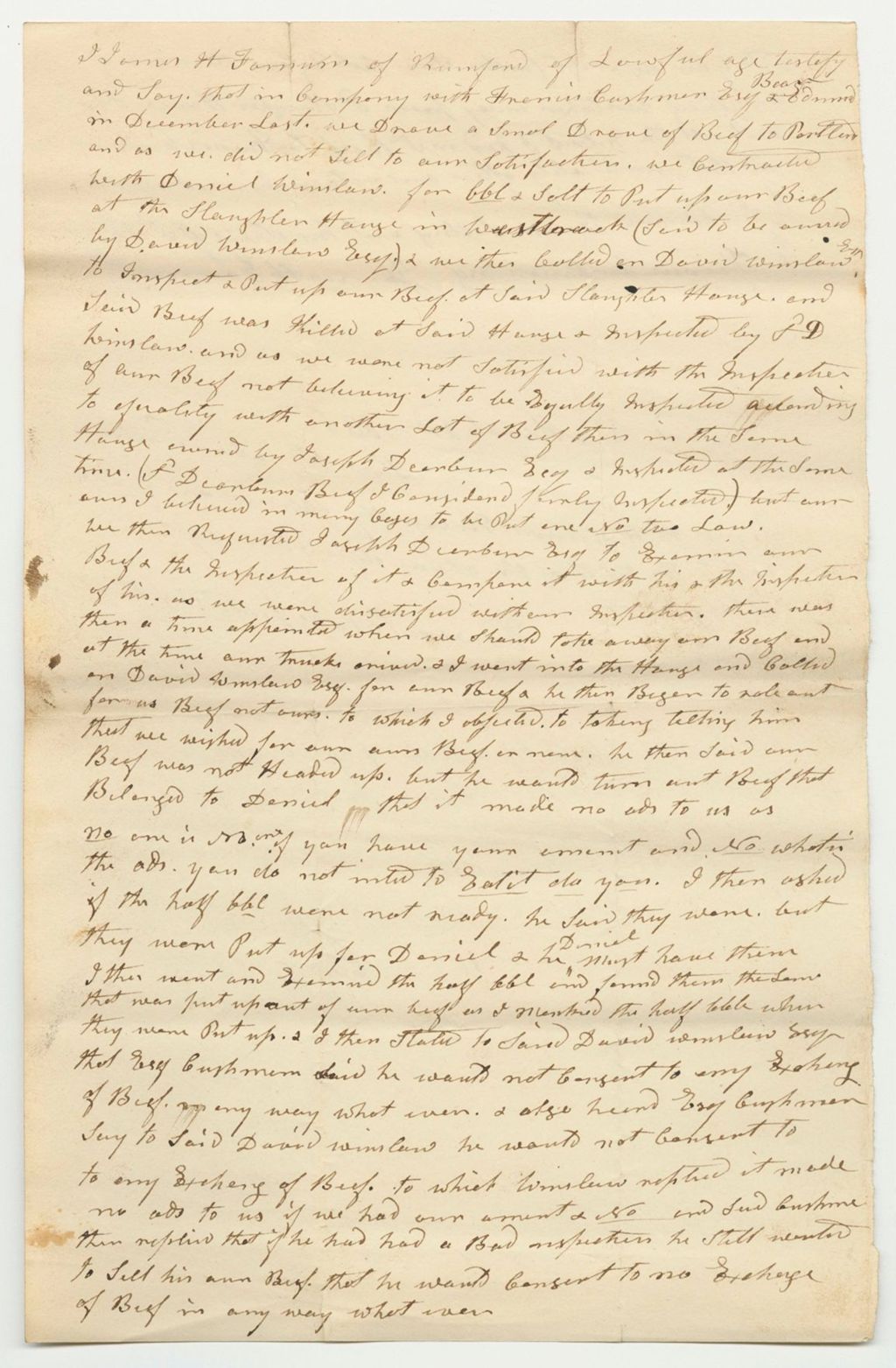 Miniature of James H. Fornum's Statement Regarding David Winslow, Inspector of Beef and Pork