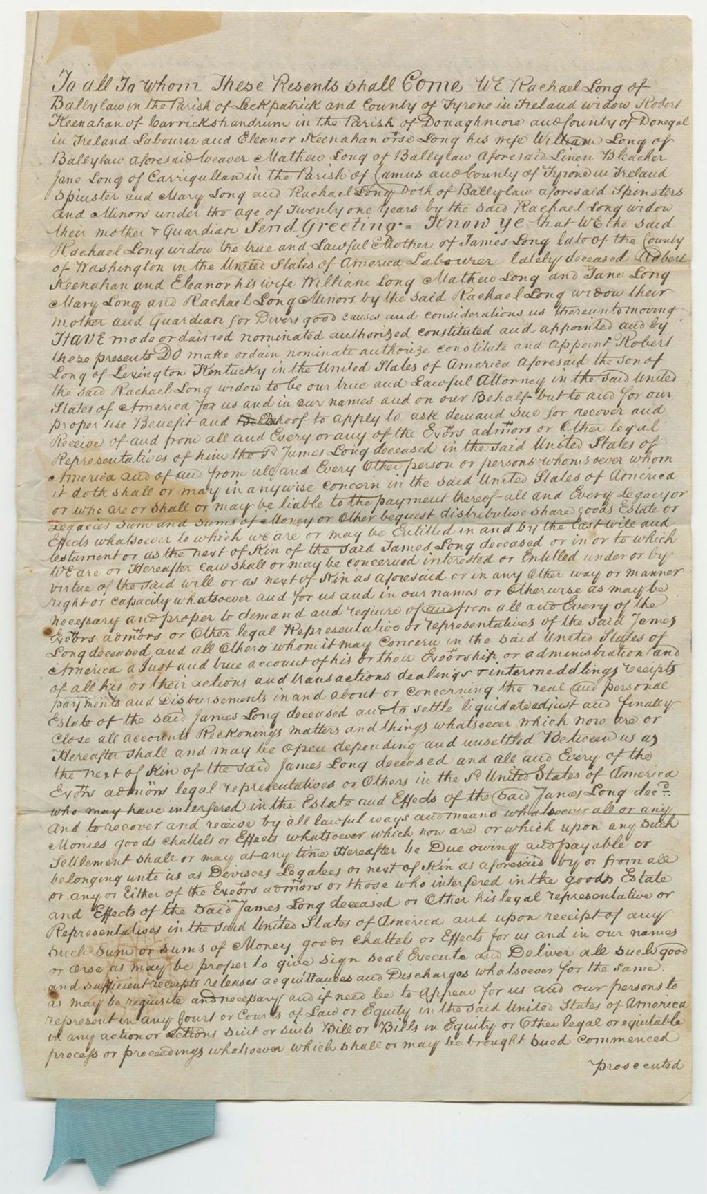 Miniature of Power of Attorney for Rachel Long to Robert Long
