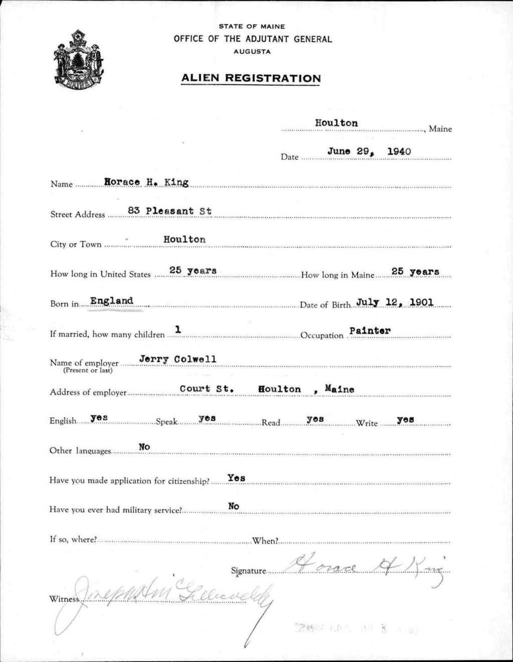 Miniature of Alien Registration- King, Horace H. (Houlton, Aroostook County)