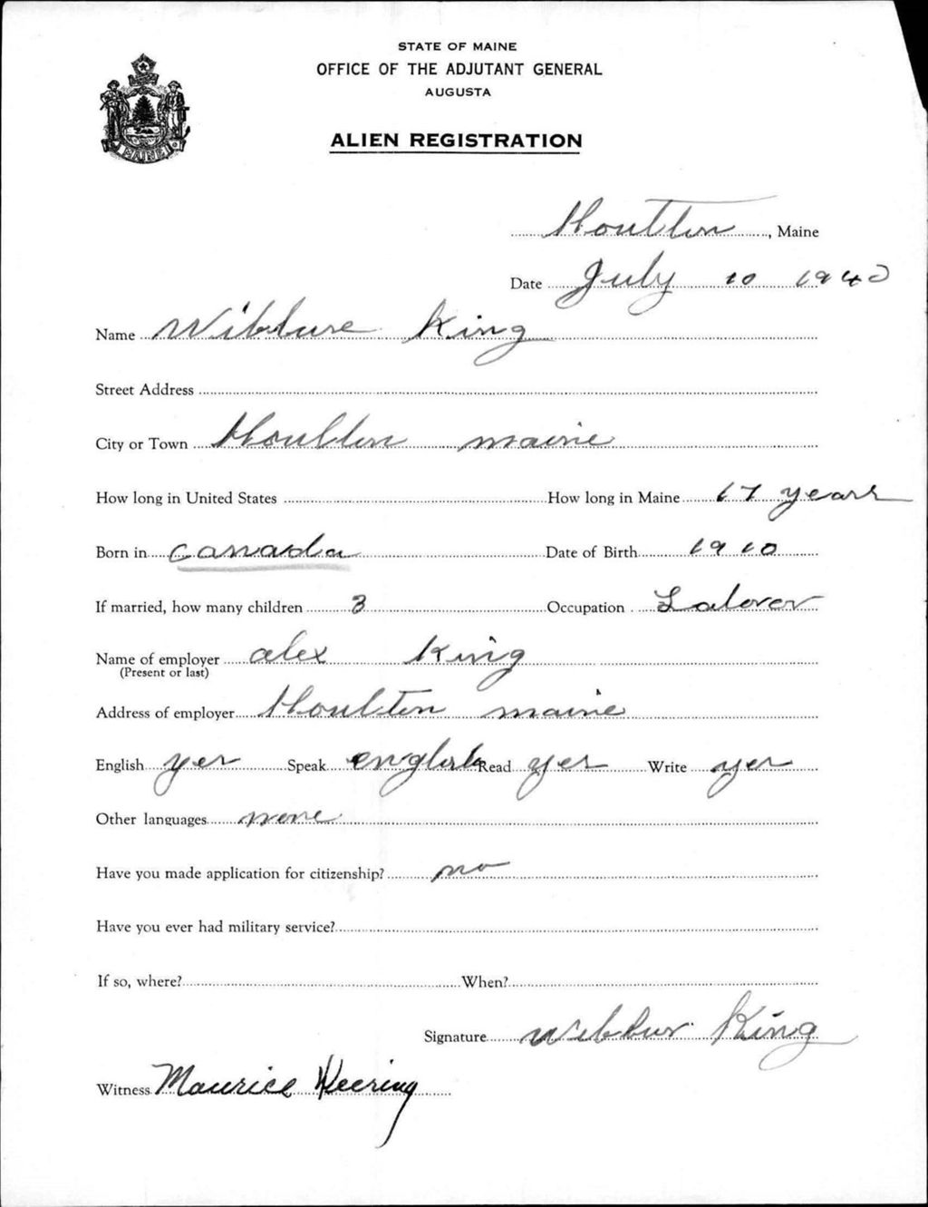 Miniature of Alien Registration- King, Wilbur (Houlton, Aroostook County)
