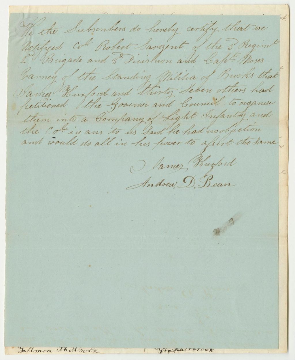 Miniature of Petition of James Huxford and Others for the Organization of A Company of Light Infantry in Brooks