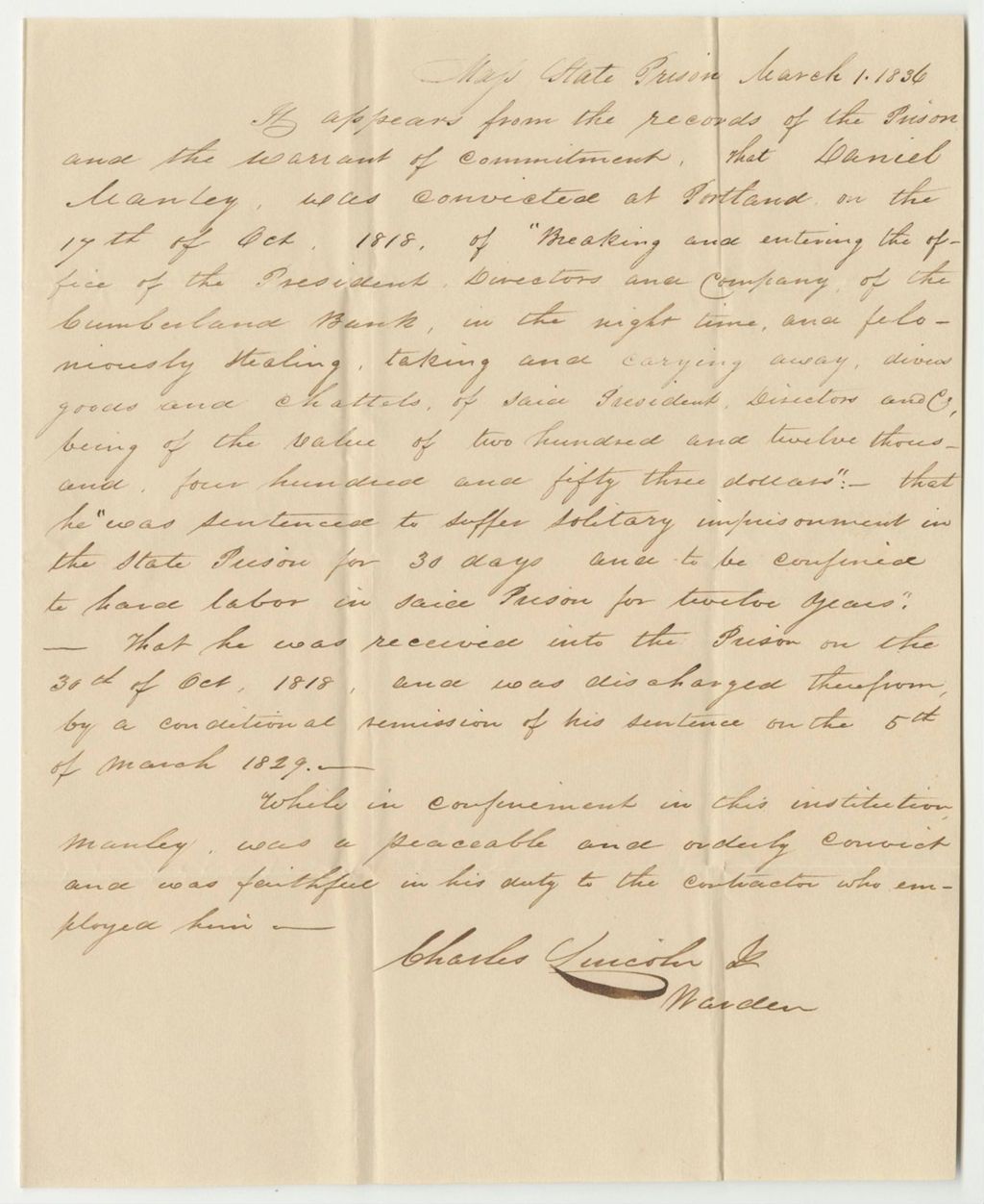 Miniature of Statement from Charles Lincoln Jr., Warden, on the Conduct of Daniel Manley in Prison
